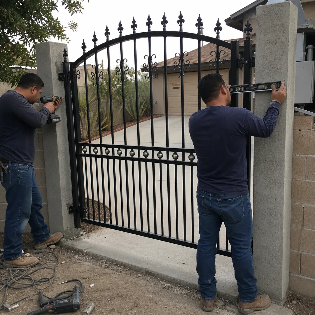 Two professional technicians installing a custom wrought iron driveway gate.