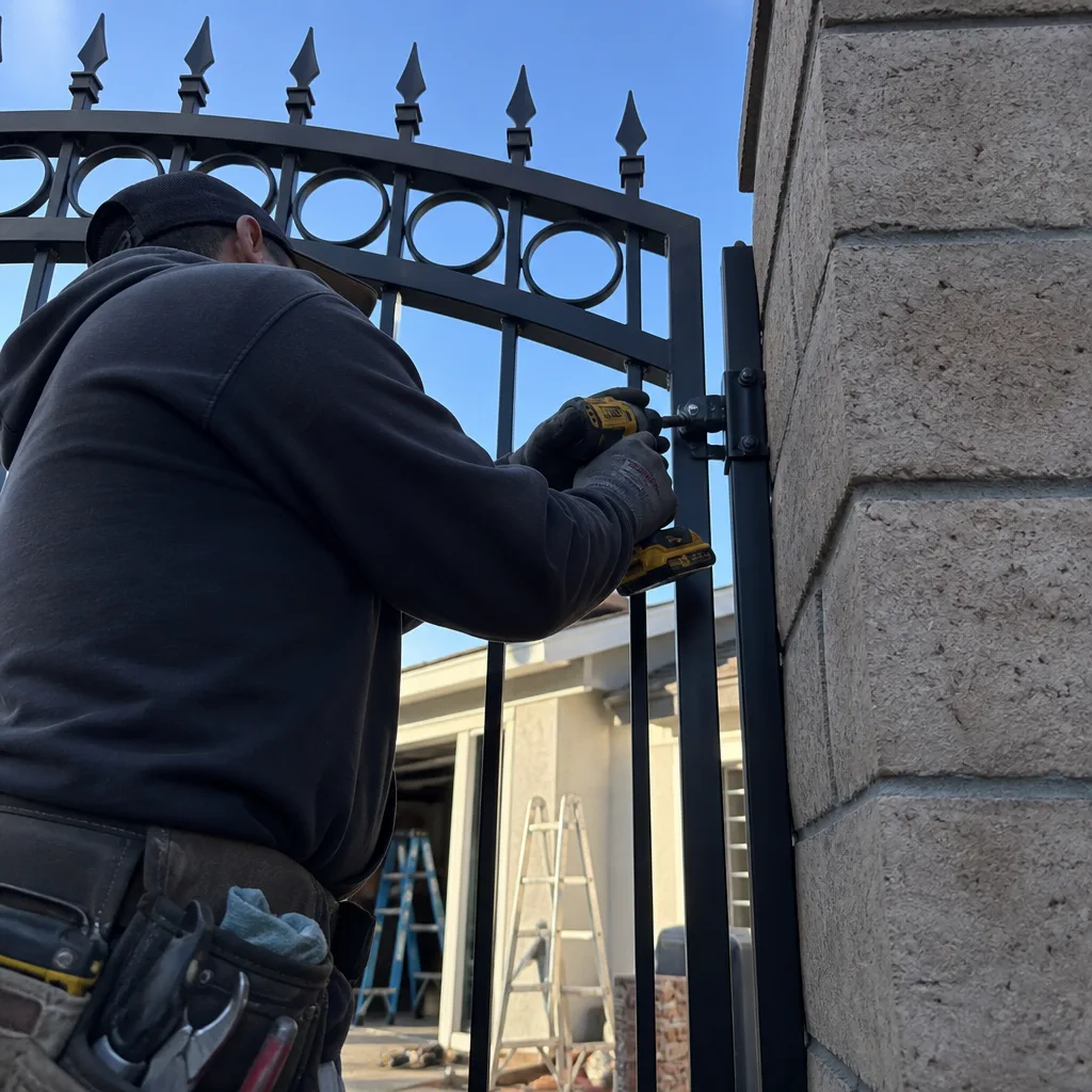 Professional contractor installing a metal gate hinge on a stone pillar