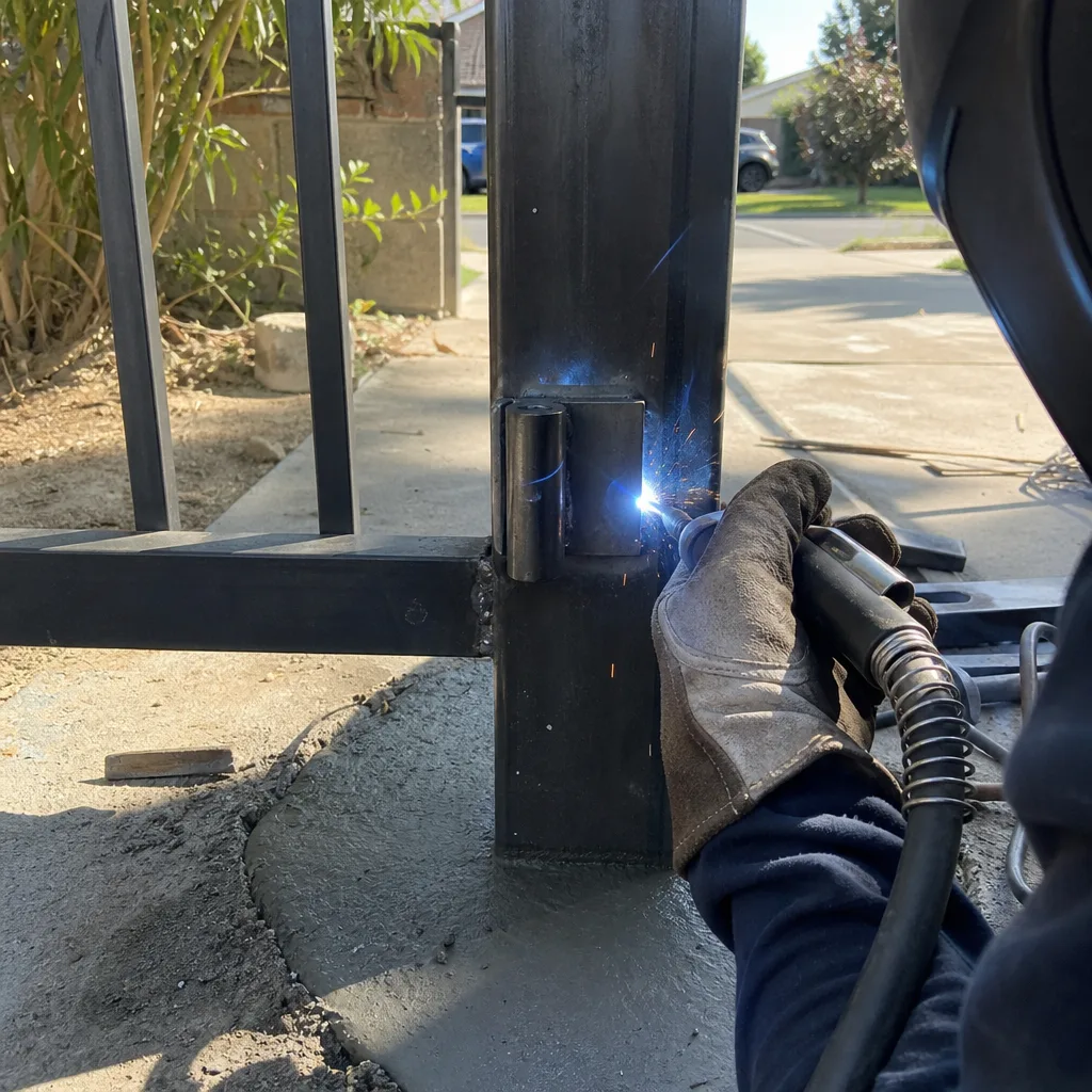 Professional welder installing a metal gate hinge with a welding torch